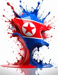 flag of North Korea depicted with a dynamic splash of red and blue paint. The vibrant colors create a sense of movement and energy, travel concept.