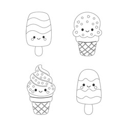 Vector coloring page of cute ice cream treats with happy faces, perfect for preschool crafts, printable worksheets, and kids' party materials.