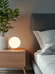 Modern bedroom with soft lighting, round lamp, wooden nightstand, green plant, cozy bed, and white pillow at night