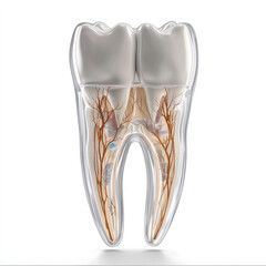 Tooth cross section, realistic dental anatomy, root, nerve, pulp, enamel, isolated on white background