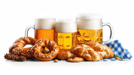 Oktoberfest beer and pretzels on white background