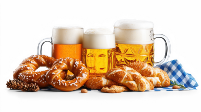 Oktoberfest beer and pretzels on white background - Powered by Adobe