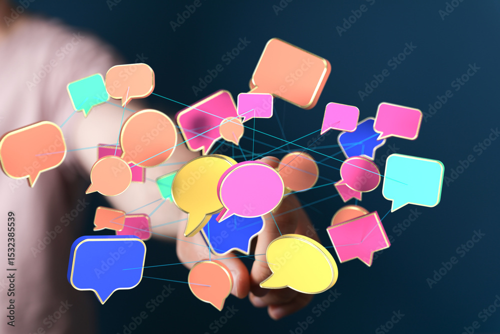 Poster abstract image of interconnected speech bubbles, symbolizing communication, networking, and social m