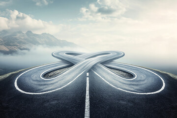 Winding road over misty mountains an endless journey a crossroads of options