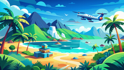 A vacation background filled with wanderlust captures the travel concept. Aerial drone view soars above a beautiful Caribbean tropical island, where palms meet turquoise water in a dreamy banner wide 