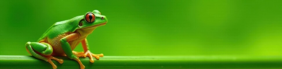 Obraz premium European tree frog on grass stalk, vibrant green background, amphibian, nature photography