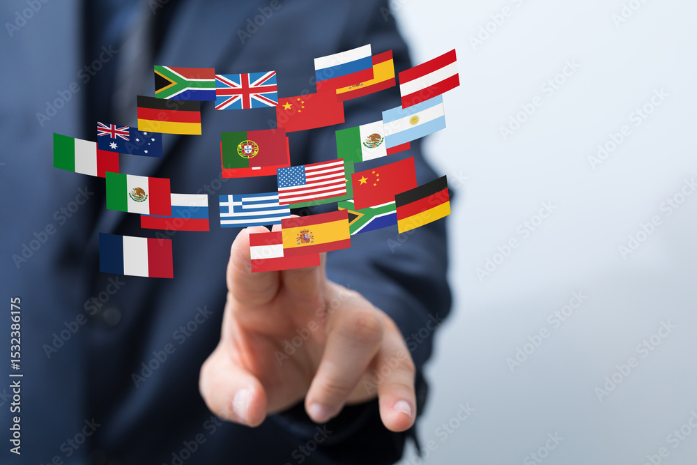 Aufkleber image of a hand interacting with flags of various countries, symbolizing global business and interna
