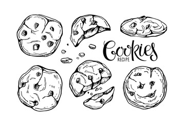 Cookies sketch set isolated on white background. Chocolate chip biscuit collection. Hand drawn chocolate chip cookie elements for package, menu, recipe. Sketch ink graphic cookies set. Sweet dessert.