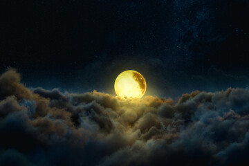 3D rendering of bright moon over night clouds
