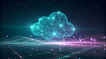 quantum matrix structure symbolizing AI cloud computing with luminous particle clusters forming digital cloud nodes emitting soft teal and violet light on dark atmospheric background