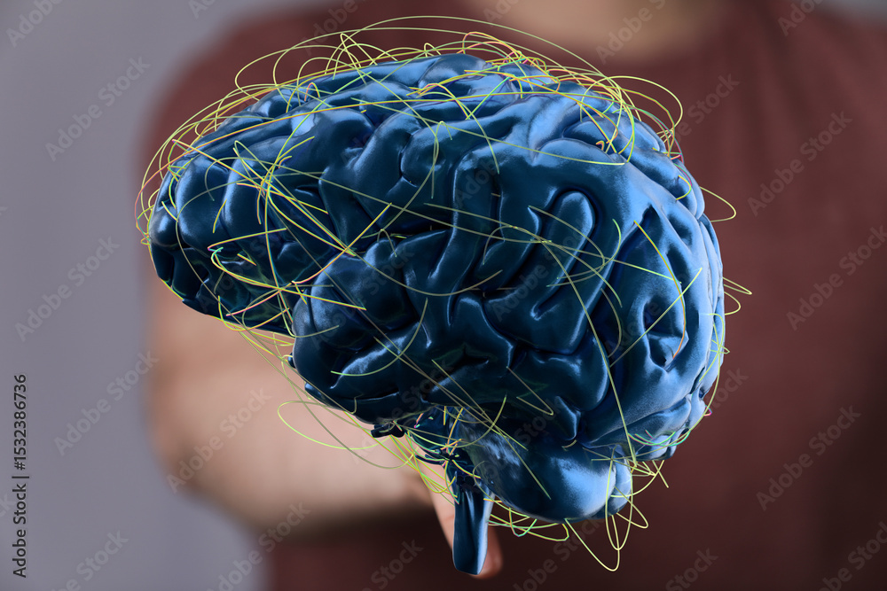 Poster 3D rendering of a human brain with neural network connections.  Perfect for AI, neuroscience, and technology concepts.