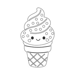 Cartoon ice cream cone with swirled top and sprinkles, designed as a playful coloring page for preschool and school activities.