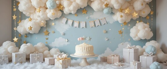Cloudy nursery-style birthday backdrop with star garlands, marshmallow cake toppers, and muted gift boxes.