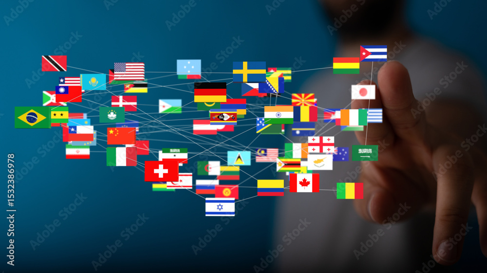 Poster image of interconnected flags representing global network, international collaboration, and worldwid