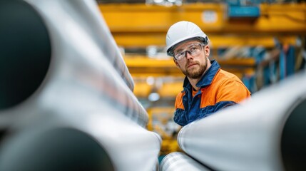 A worker in safety gear examines metal pipes in a large manufacturing facility. The environment is filled with machinery and equipment, highlighting industrial activity