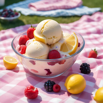 Primo piano di gelato al limone e frutti di bosco in una ciotola di vetro trasparente, decorato con scaglie di cioccolato e guarnito con lamponi, adagiato su una coperta da picnic a quadri viola e bia