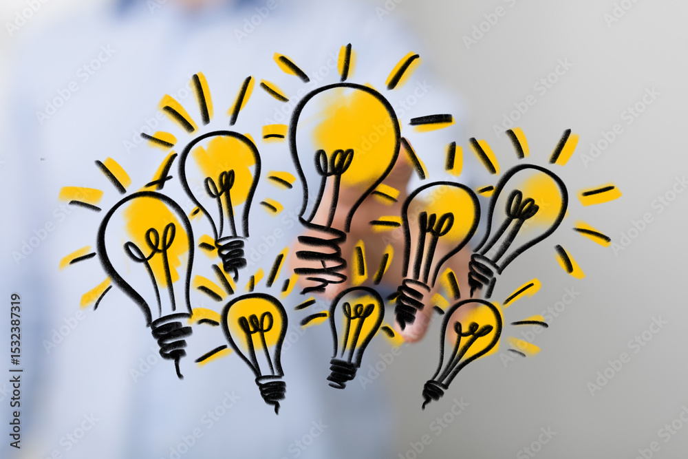 Poster image of multiple hand-drawn lightbulbs, symbolizing innovation and creativity.