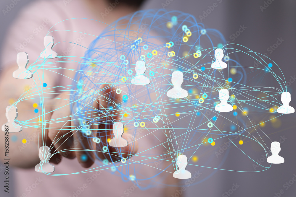 Aufkleber image of a hand interacting with a digital network of connected people, symbolizing global communica