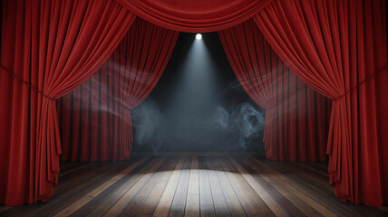 Classic theater stage with red velvet curtains, wooden floor and dramatic spotlight shining through theatrical smoke