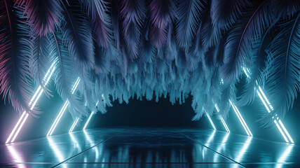Futuristic runway with glowing diagonal neon lights and surreal ceiling of blue and violet palm leaves