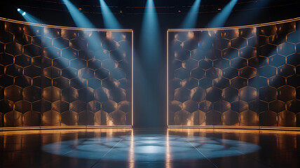 Futuristic stage with glowing honeycomb wall pattern and dramatic spotlights in dark high-tech interior