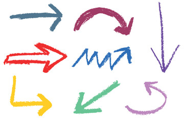 Colorful hand drawn arrows with chalk and wax crayon texture. A playful set of sketchy directional symbols. Rough lines and bold shapes