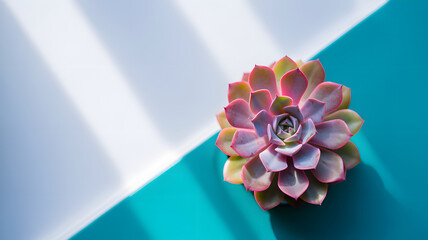Succulent plant with pink edges casting shadow on geometric turquoise and white background in minimalist composition