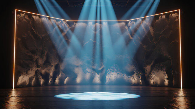 Futuristic stage with textured wall, glowing orange border lights and dramatic blue spotlights on wooden floor