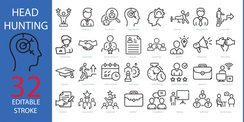 Head Hunting icon set. Collection of career path, recruitment, leadership, human resources and more. Vector illustration. Easily changes to any color.