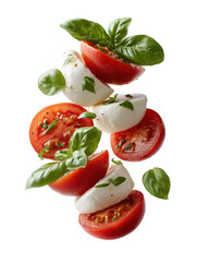 A floating caprese salad featuring sliced tomatoes mozzarella and fresh basil on a black background