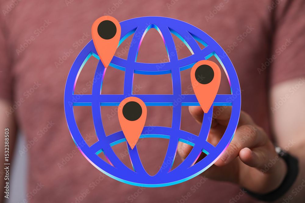 Poster Person interacts with a digital globe showing multiple location markers, representing global reach and connectivity.