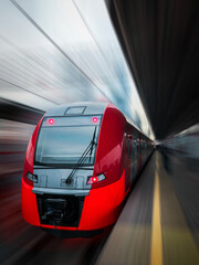 Modern train in motion and blur, Russian Railways trains of Moscow and MCC. Moscow Central Circle, metro. High quality photo