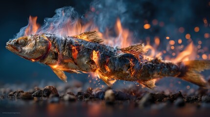 Dramatic conceptual imagery of a fish engulfed in flames against dark backdrop