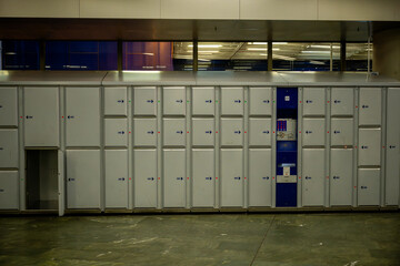 Luggage lockers at train station terminal for secure baggage storage and passenger convenience