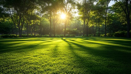 Sunlight streams through trees onto a lush green lawn.