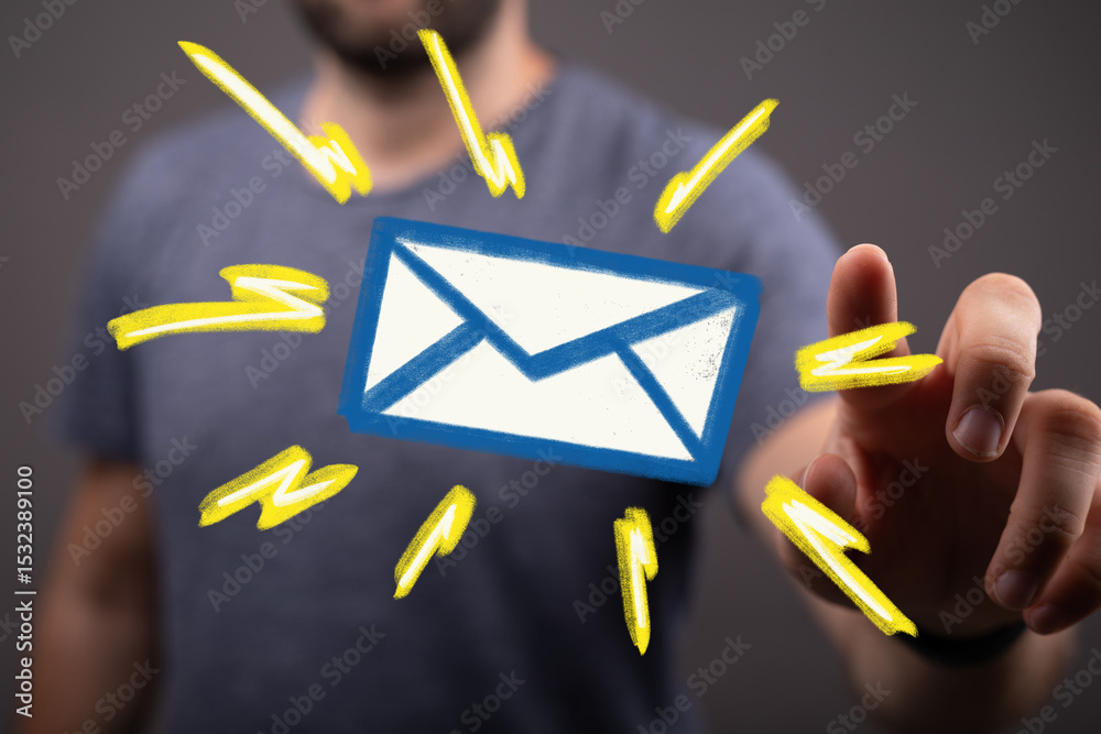 Poster close-up of a man interacting with a glowing email icon, symbolizing new message alerts or online co