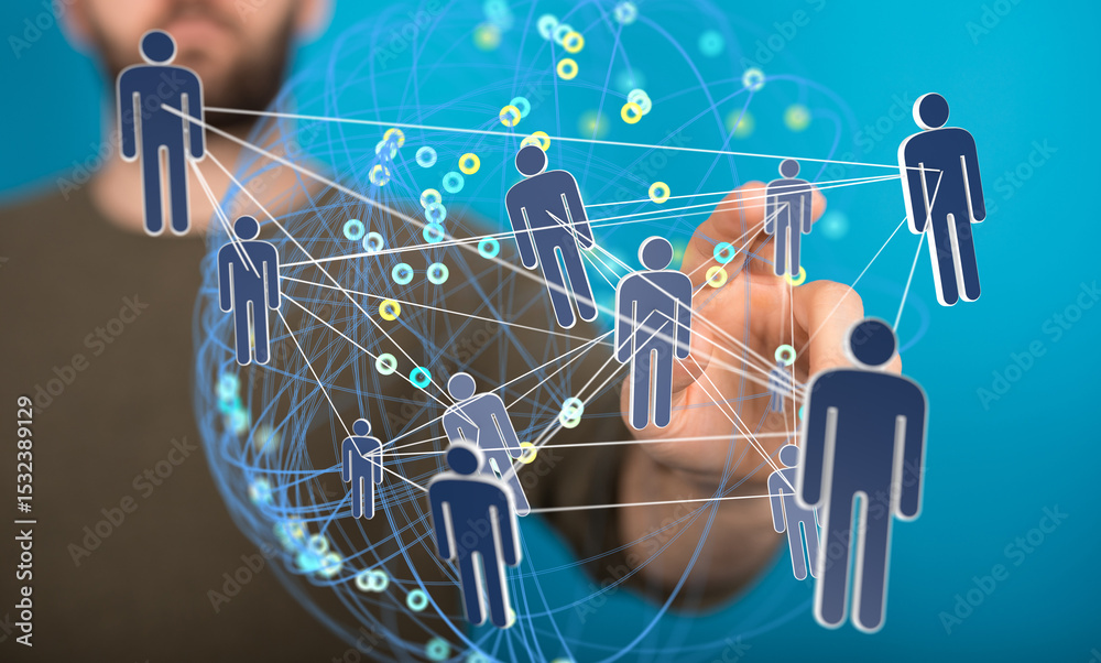 Poster image depicting a network of people connected online, symbolizing global communication and collabora