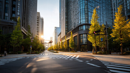 Obraz premium 日本のビジネス街の朝、通勤前の静けさ