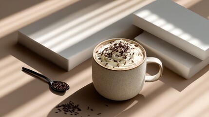 A stylish, minimalistic flat lay featuring a rustic ceramic mug filled with a creamy beverage, likely hot chocolate or coffee, topped with whipped cream and chocolate sprinkles. 