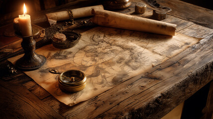 古地図と羅針盤のアンティークな静物構図