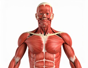 Male muscles skinless 3D model for anatomy class, over white background, no shadow