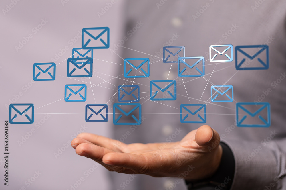 Poster image of interconnected email icons, symbolizing global communication and network security.