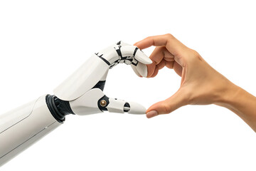 Human and robot hand forming heart shape png generated ai isolated on a white background