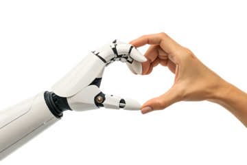 Human and robot hand forming heart shape png generated ai isolated on a white background