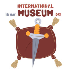 International Museum Day on May 18. sword, blade made of precious materials on cushion with tassels. Flat color illustration for use in posters, articles, social media related, history. banner