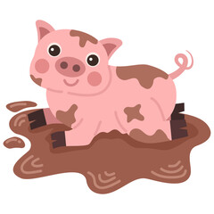 Illustration of a pink pig playing in the mud
