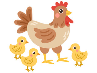 Illustration of a hen with chicks