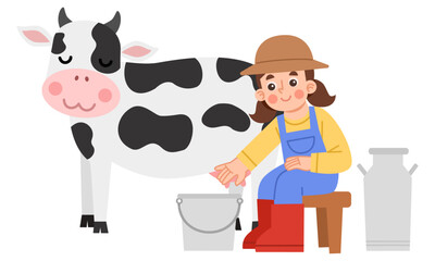 Illustration of a female farmer milking a cow