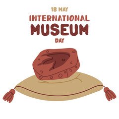 International Museum Day on May 18. fossil footprint of an allosaurus on pillow. Flat color illustration for use in posters, articles, social media related to science and history. Square banner