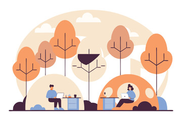 A floating island with cartoonish office pods, round trees, and coffee stations